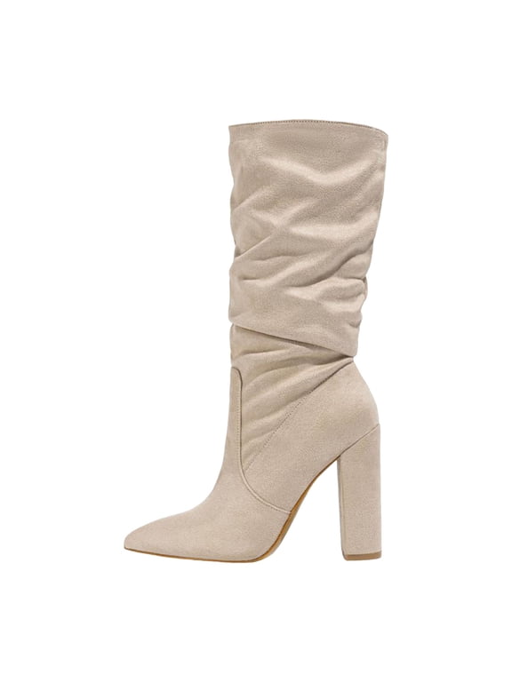 Womens Slouchy Mid Calf Boots Suede Slip on Chunky Block Heel Pumps Dressy Riding Tall Boot
