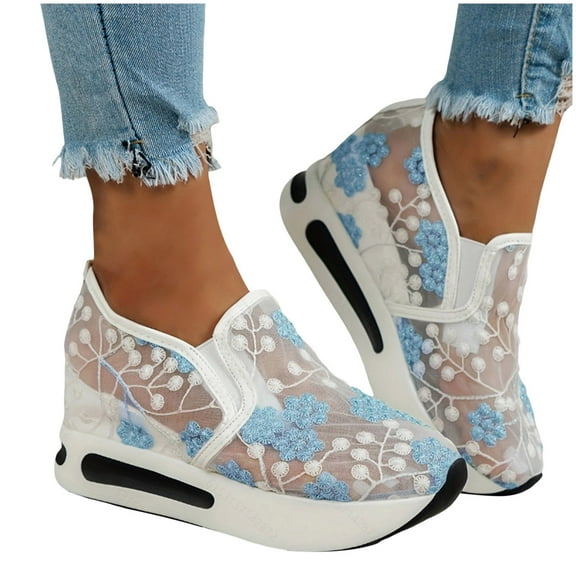 Dakaela Womens Sneakers Platform Fashion Slip on Walking Shoes Breathable Running Mesh Loafers Blue 6