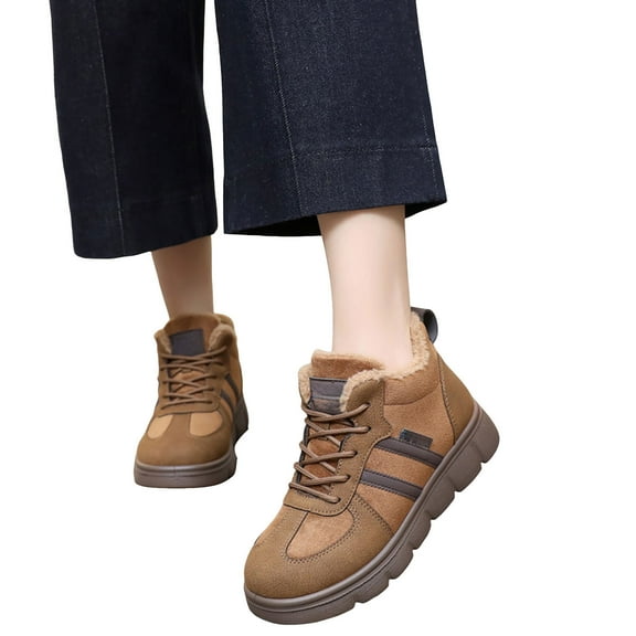 Dakaela Womens Snow Boots Lace up Winter Ankle Sneakers Suede Warm Anti Slip Outdoor Work Shoes for Walking Hiking Brown 5.5