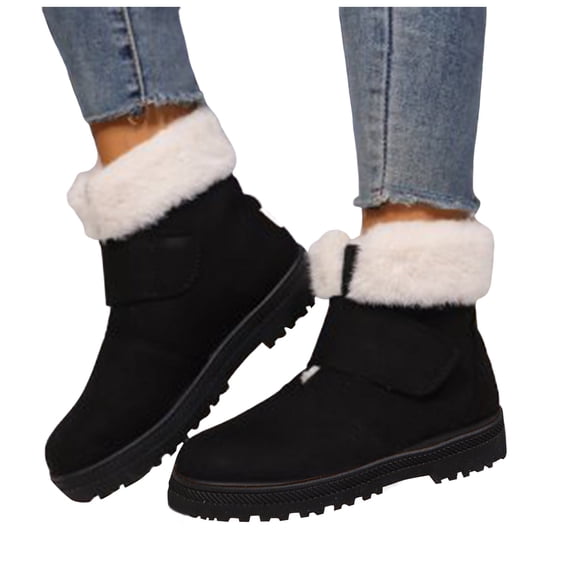 Dakaela Womens Snow Boots Suede Fleece Lined Chelsea Combat Winter Booties Hook Loop Anti Slip Outdoor Ankle Boot Black 9