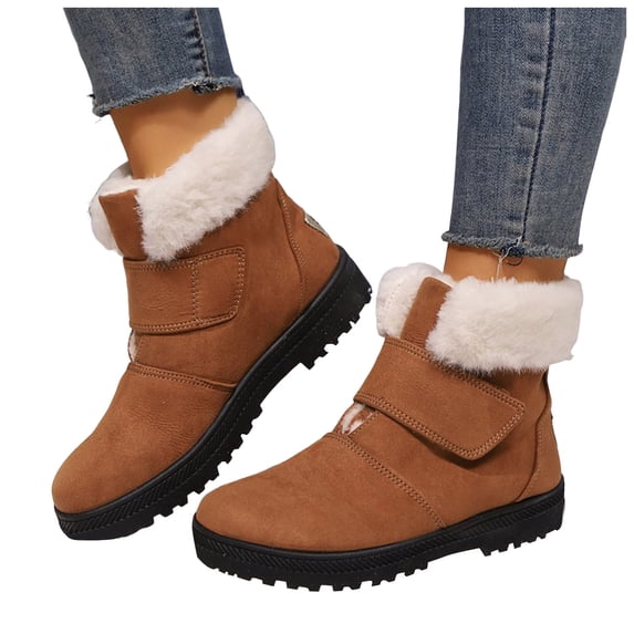 Dakaela Womens Snow Boots Suede Fleece Lined Chelsea Combat Winter Booties Hook Loop Anti Slip Outdoor Ankle Boot Brown 7.5