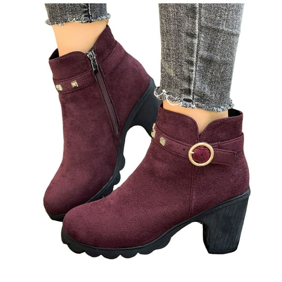 Dakaela Womens Suede Ankle Boots Round Toe Dress Short Booties Chunky Mid Heel Fall Winter Work Shoes Wine 7