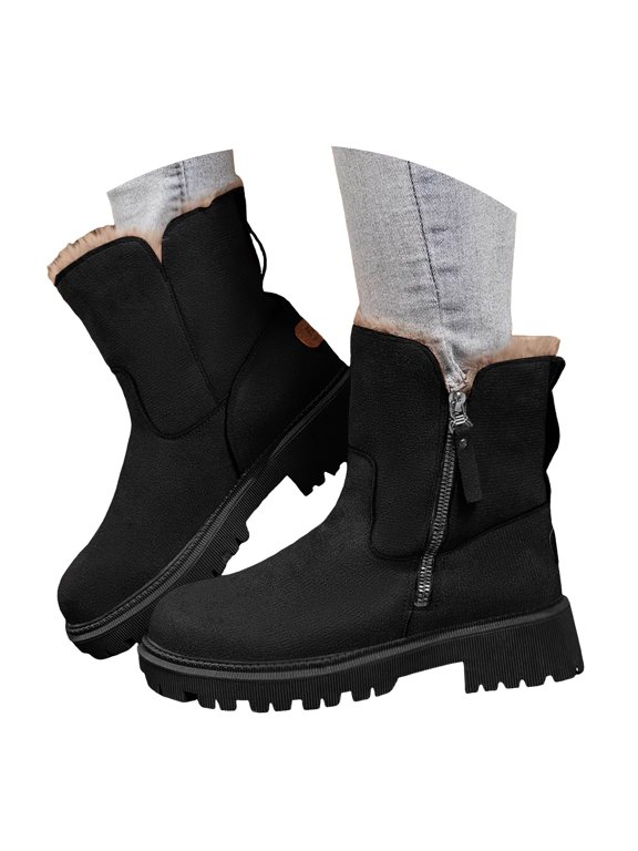 Womens Suede Mid Calf Winter Boots Side Zipper Platform Lug Sole Snow Booties Fleece Lined Warm Fashion Boots for Fall Winter Daily Wear