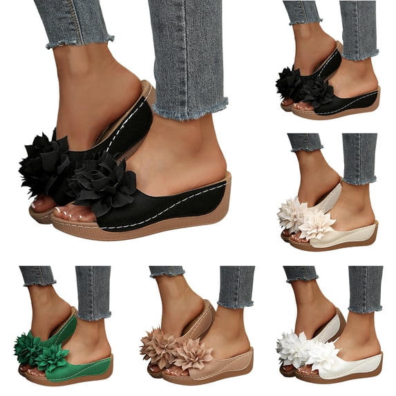 Dakaela Womens Summer Beach Sandals Open Toe Low Wedge Slip on Slides Ladies Casual Platform Flower Dressy Shoes Size 6-10 Black