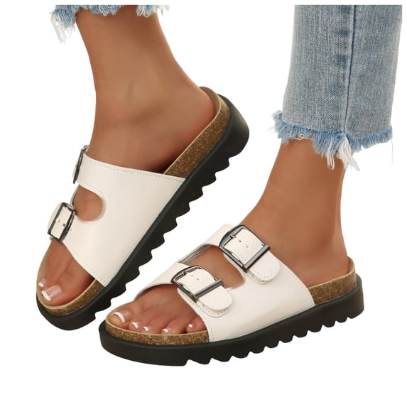Dakaela Womens Two Buckles Sandals Arch Support Summer Beach Walking Slip on Slides Comfortable Cork Footbed Slippers Size 6.5