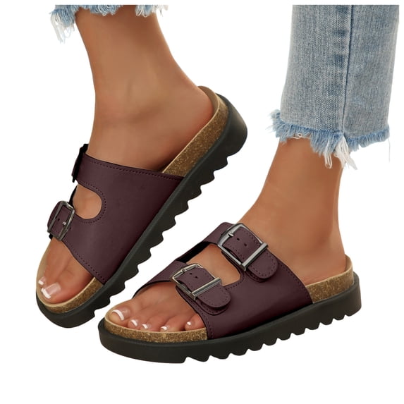 Dakaela Womens Two Buckles Sandals Arch Support Summer Beach Walking Slip on Slides Comfortable Cork Footbed Slippers Size 7