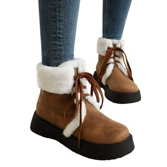 Dakaela Womens WInter Snow Boots Lace up Platform Ankle Booties Fleece Lined Warm Walking Work Shoes Yellow 7.5