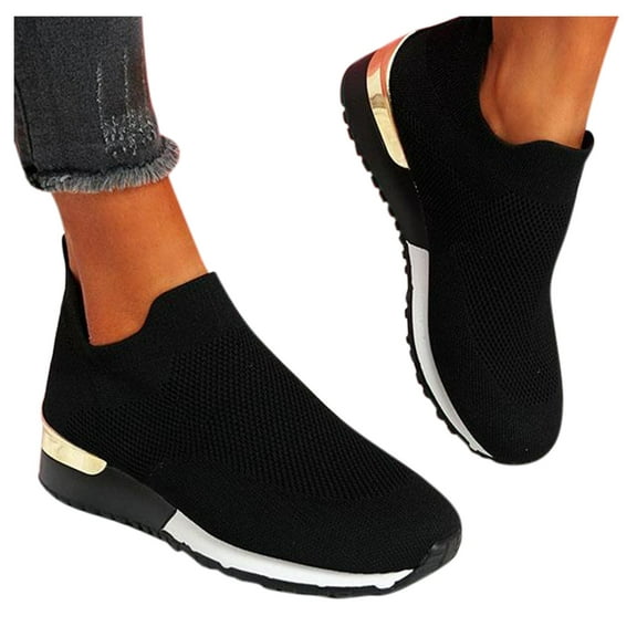 Dakaela Womens Walking Shoes Sock Casual Ladies Fashion Sneakers Comfort Slip on Platform Flats Black 9