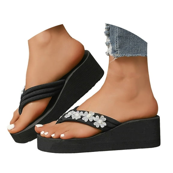 Dakaela Womens Wedge Flip Flops Arch Support Cushion Platform Thong Sandals with Rubber Sole Black 8.5