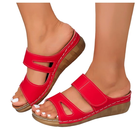 Dakaela Womens Wedge Sandals Leather Comfortable Dressy Slip on Slides Ladies Orthopedic Open Toe Casual Platform Walking Shoes with Arch Support Size 6-10 Red