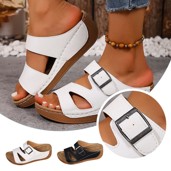 Dakaela Womens Wedge Sandals Leather Orthopedic Platform Slip on Slides Wide Width Buckles Summer Beach Walking with Arch Support Size 6-10