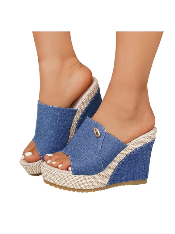 Womens Wedge Sandals Peep Toe Denim Slip On Backless Espadrilles Platform Sandal Shoes for Casual Summer Beach Vacation (7,Blue)