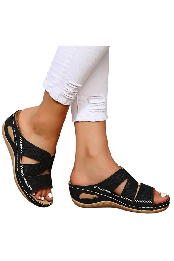Womens Wedge Sandals Rubber Sole Casual Slip on Summer Dressy Shoes Leather Walking Slides