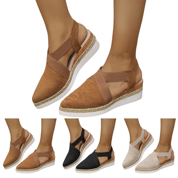 Dakaela Womens Wedges Sandals Closed Pointy Toe Platform Slip on Espadrille Elastic Criss Crooss Straps Slingback Summer Dressy Clogs Shoes Beige 6
