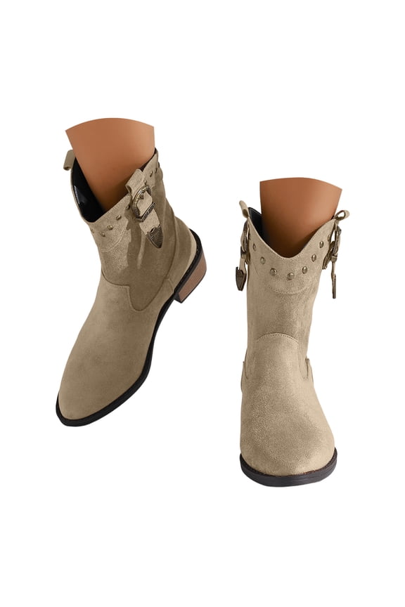 Womens Western Riding Boots Wide Width Suede Ankle Short Booties Chunky Heel Slip on Dress Shoes