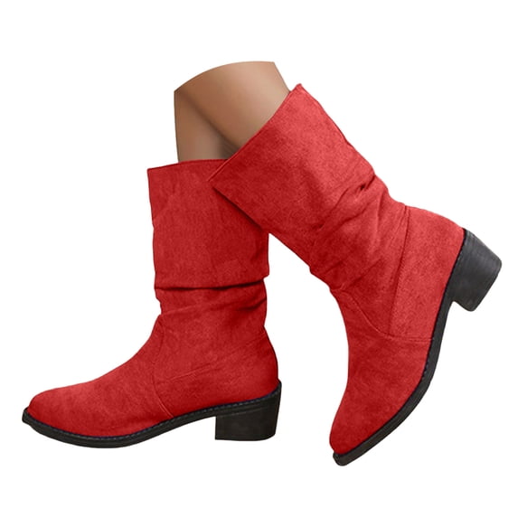 Dakaela Womens Western Slouch Boots Suede Cowboy Wide Mid Calf Booties Round Toe Slip on Walking Shoes