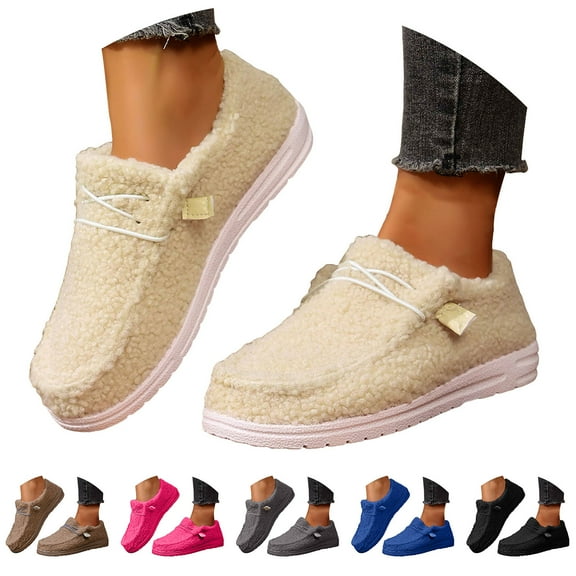 Dakaela Womens Winter Flat Snow Boots Anti Slip on Plush Casual Loafers Outdoor Fuzzy Moccasin Low Top Walking Booties Beige 6