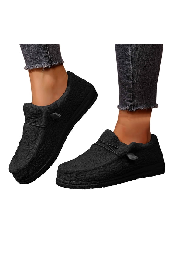 Womens Winter Flat Snow Boots Anti Slip on Plush Casual Loafers Outdoor Fuzzy Moccasin Low Top Walking Booties Black 9.5