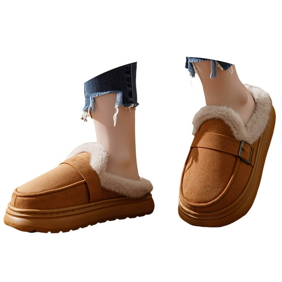 Dakaela Womens Winter Platform Mules Fleece Lined Suede Snow Mini Boots Indoor Outdoor Walking Clogs Shoes