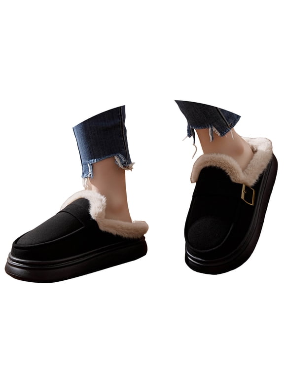 Womens Winter Platform Mules Fleece Lined Suede Snow Mini Boots Indoor Outdoor Walking Clogs Shoes