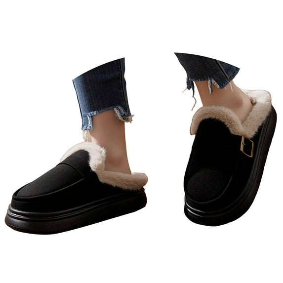 Dakaela Womens Winter Platform Mules Fleece Lined Suede Snow Mini Boots Indoor Outdoor Walking Clogs Shoes