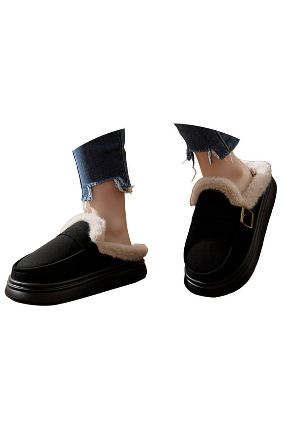 Womens Winter Platform Mules Fleece Lined Suede Snow Mini Boots Indoor Outdoor Walking Clogs Shoes