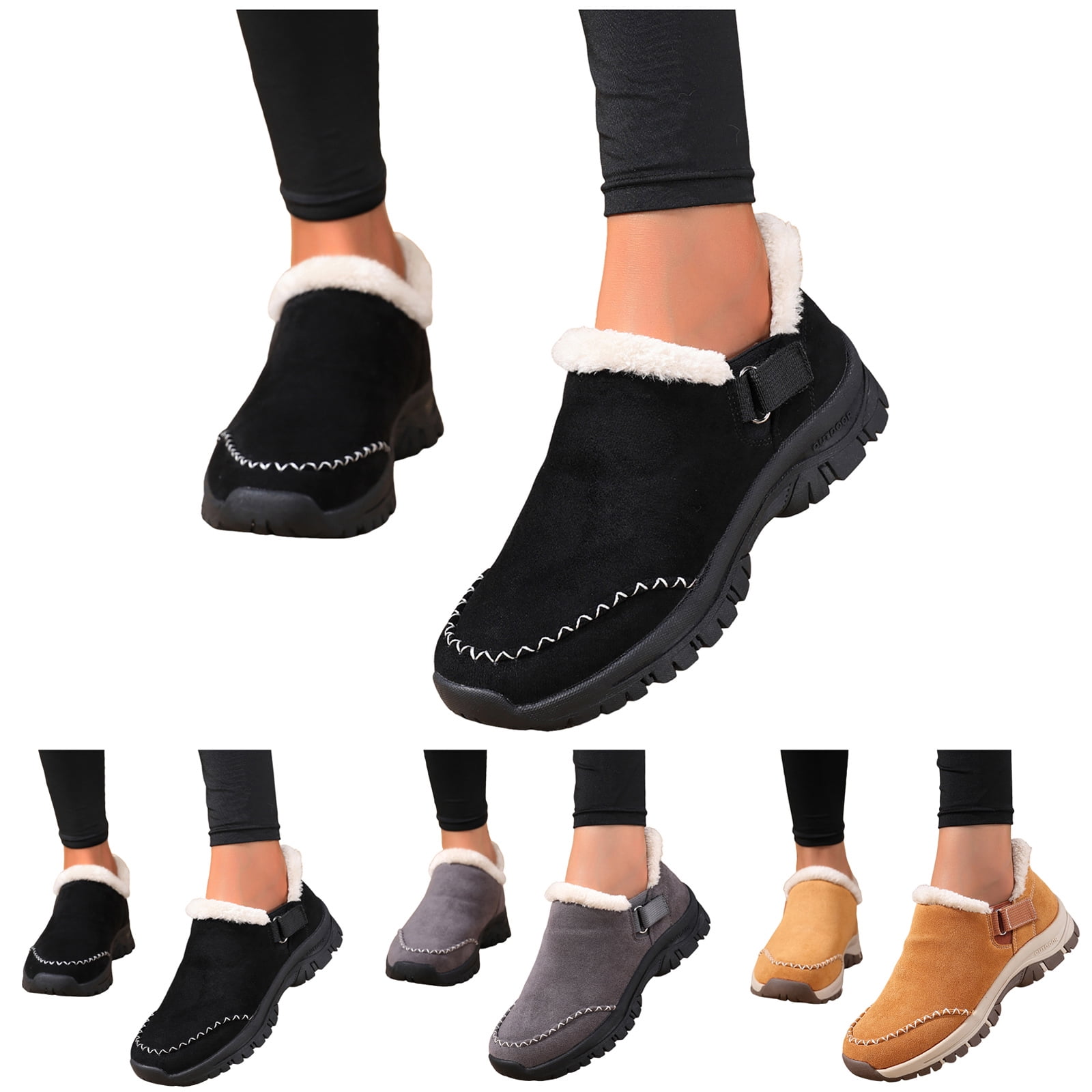 Dakaela Womens Winter Snow Boots Fleece Lined Hiking Slip on Loafers Sneakers Outdoor Plush Short Booties Shoes Black 7