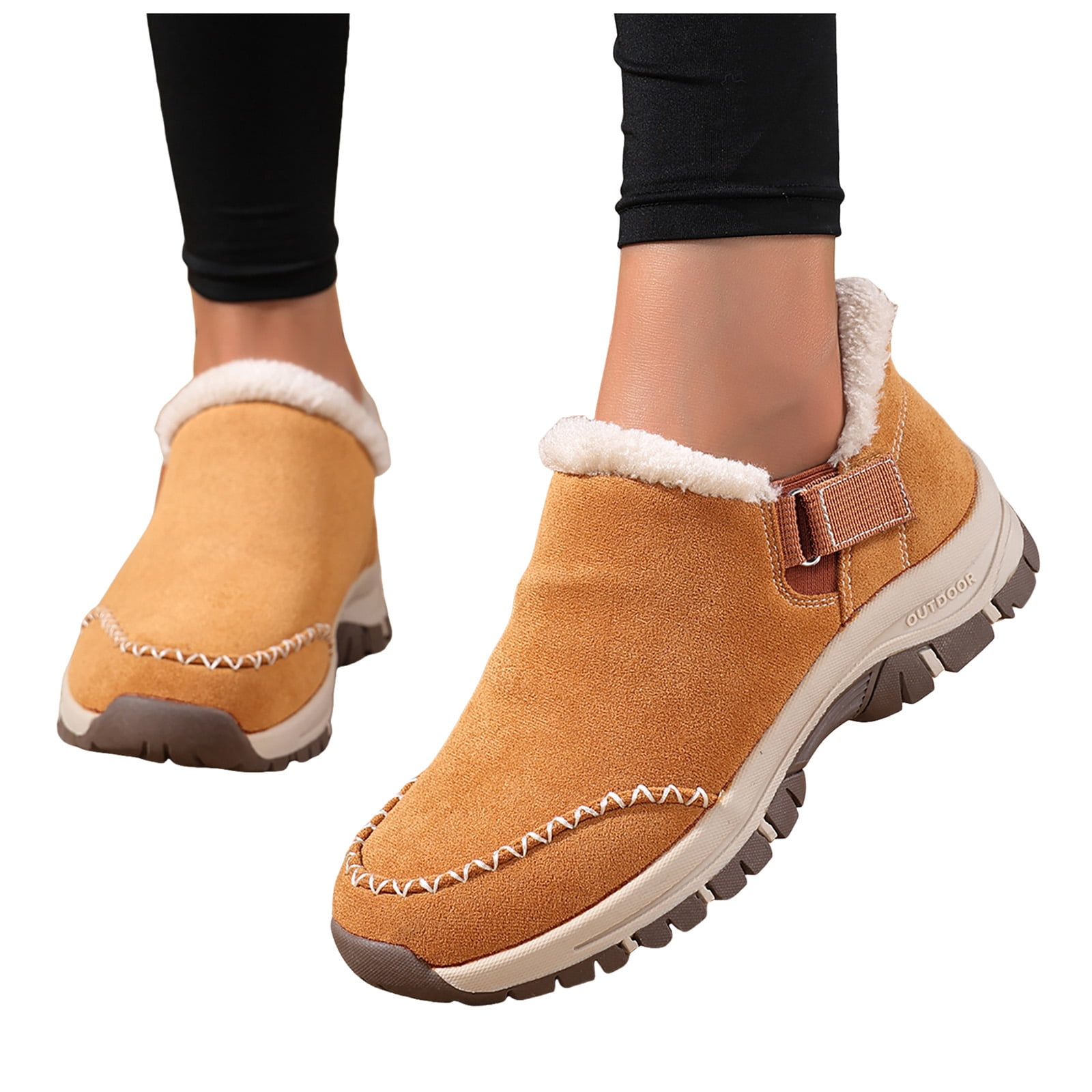 Dakaela Womens Winter Snow Boots Fleece Lined Hiking Slip on Loafers Sneakers Outdoor Plush Short Booties Shoes Brown 6.5