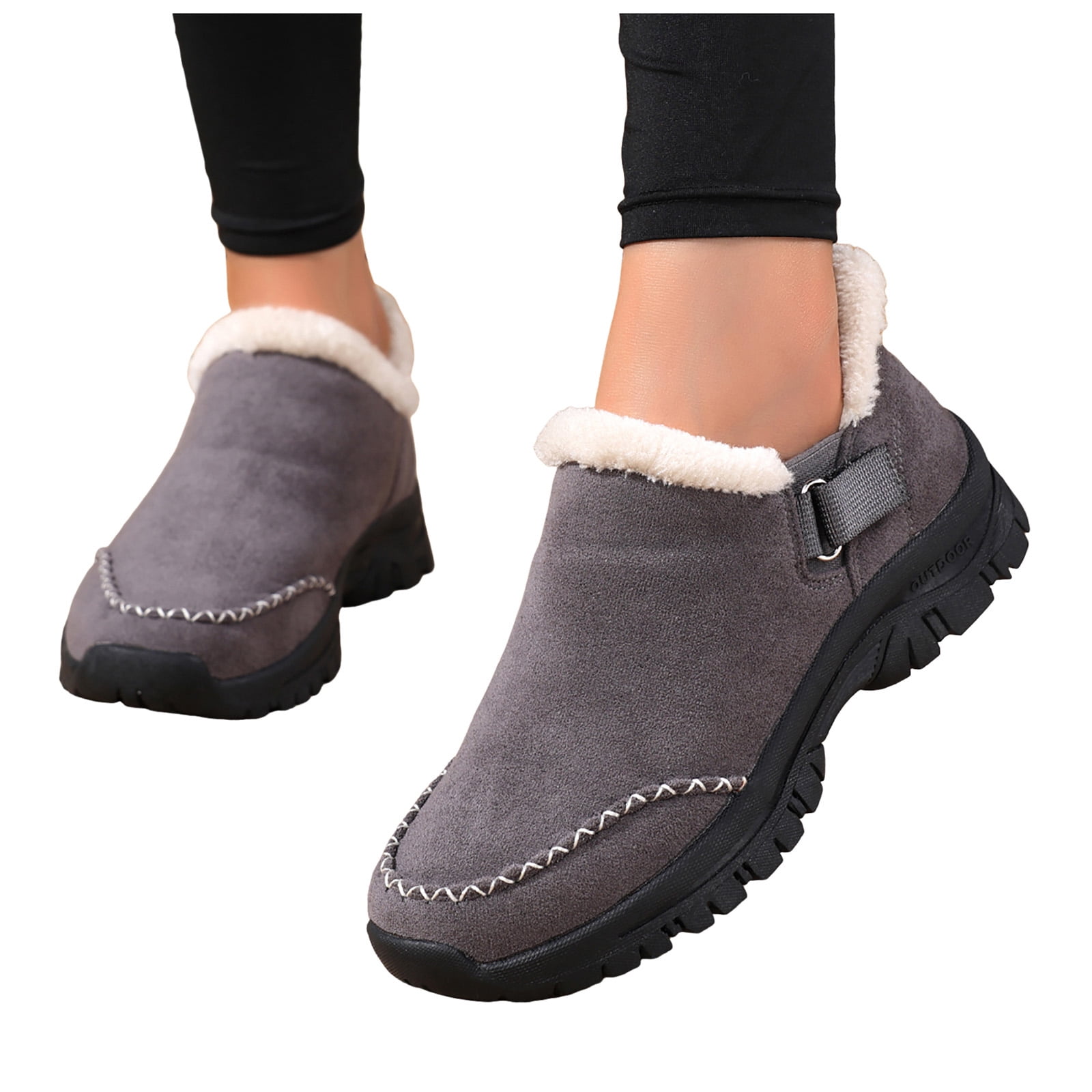 Dakaela Womens Winter Snow Boots Fleece Lined Hiking Slip on Loafers Sneakers Outdoor Plush Short Booties Shoes Grey 9