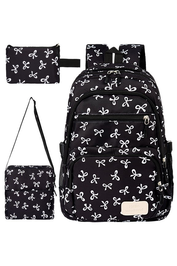 School Backpack Set for Girls, Cute Bow Bookbag With Lunch Box Pencil Case Set for Elementary Preschool Middle, Black