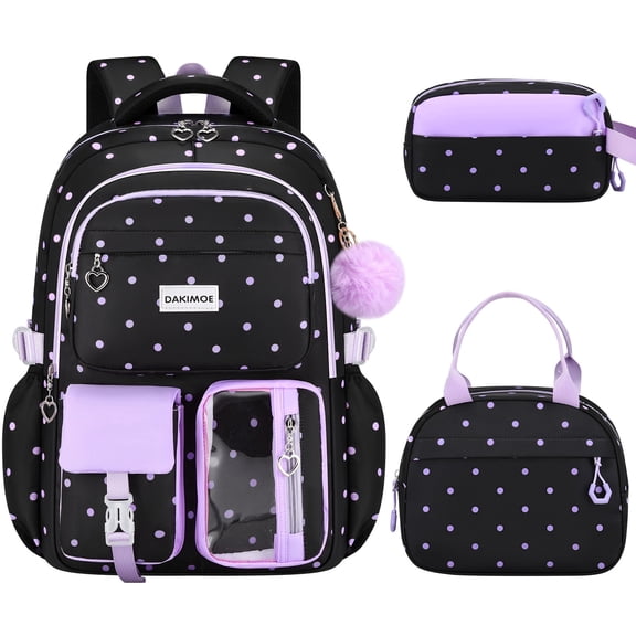 DAKIMOE Cute School Backpack Set Water Resistant Durable 3-in-1 School Bookbag for Travel & Daily Use