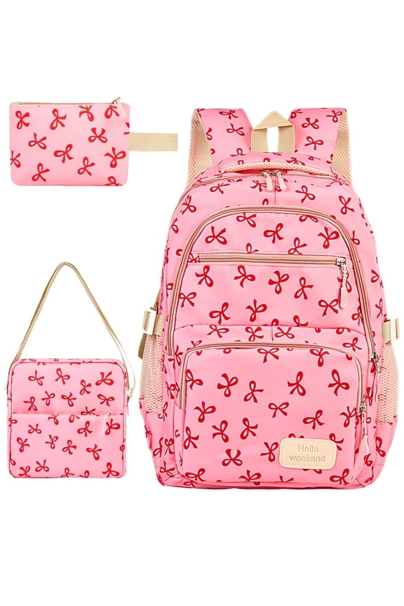 School Backpack Set with Cute Bow, Lightweight Bookbag - Rose Red, Perfect for Elementary & Middle School Ages 4-12