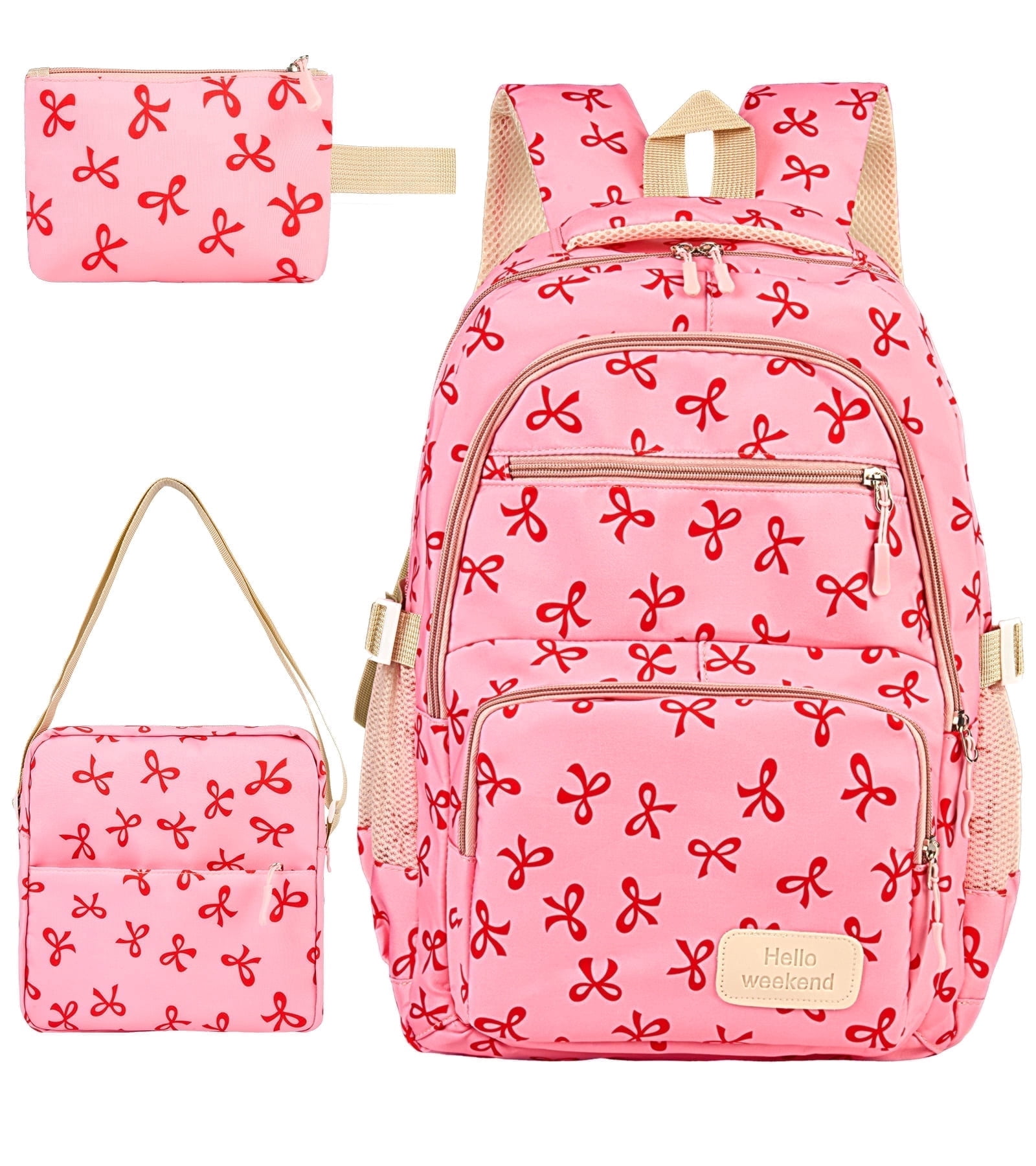 Dakimoe School Backpack Set with Cute Bow, Lightweight Bookbag - Rose Red, Perfect for Elementary & Middle School  Ages 4-12