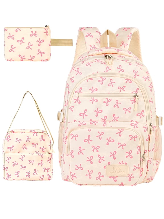 School Backpack Set with Cute Bow, Lightweight Bookbag - Pink, Perfect for Elementary & Middle School Ages 4-12