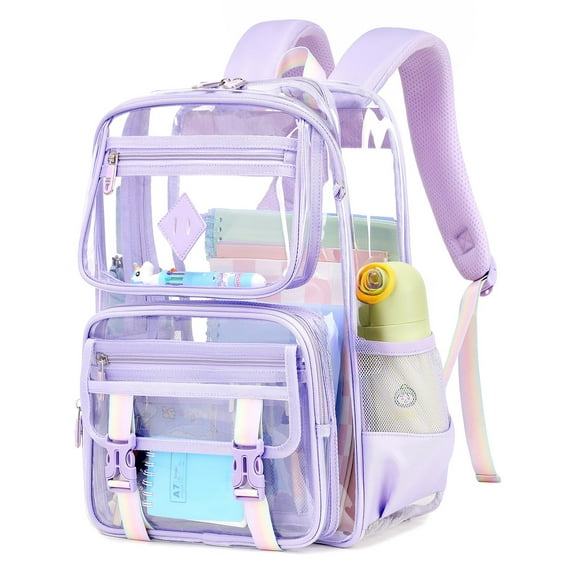 Dakimoe Clear Backpack for School, PVC Clear Bookbag Heavy Duty Transparent Bookbag for Stadium Events Multiple Pockets See Through Bag for Teens Women, Purple