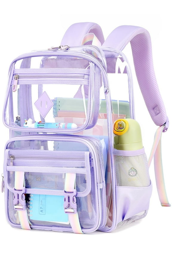 Clear Backpack for School, PVC Clear Bookbag Heavy Duty Transparent Bookbag for Stadium Events Multiple Pockets See Through Bag for Teens Women, Purple