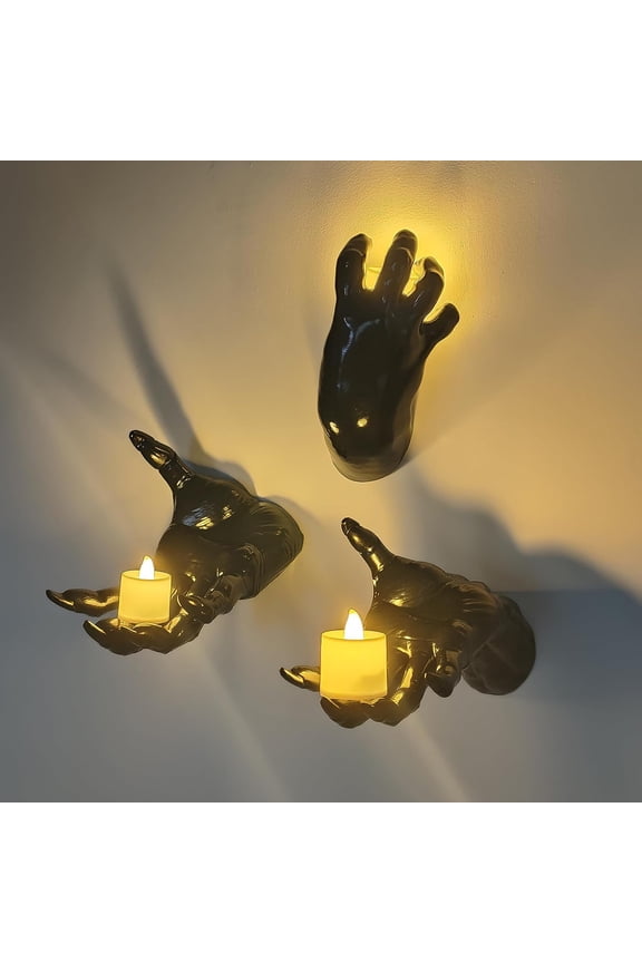 Halloween Decorations Indoor Outdoor Pack of 3 Wall Mounted Creepy Reaching Hands with Lighted Candles Life-Sized Horror Hands for Wall Decorations Gothic Hanging Wall Art Sculpture