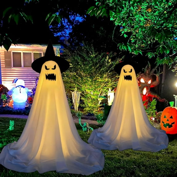 Dakimoe Halloween Decorations Outdoor, 2 Pack Ghosts Decorations Halloween Party Decorations Indoor, Spooky Ghost Decor with String Lights, Halloween Ghost Lights for Porch Yard Garden Lawn