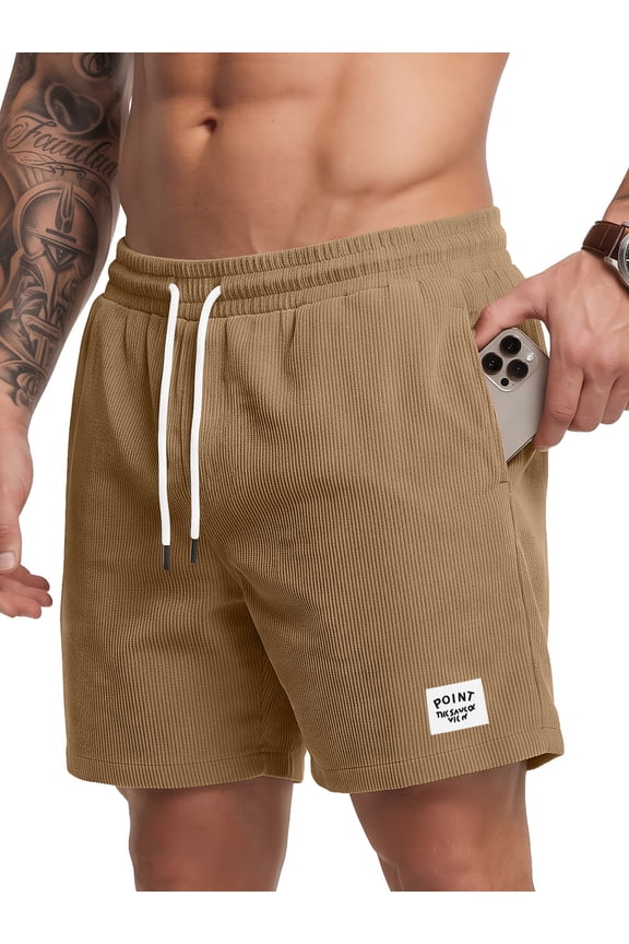 Mens Shorts Corduroy Casual Elastic Waist Drawstring Summer Shorts Men with Pockets Lightweight Breathable Workout Shorts for Beach S to 2XL