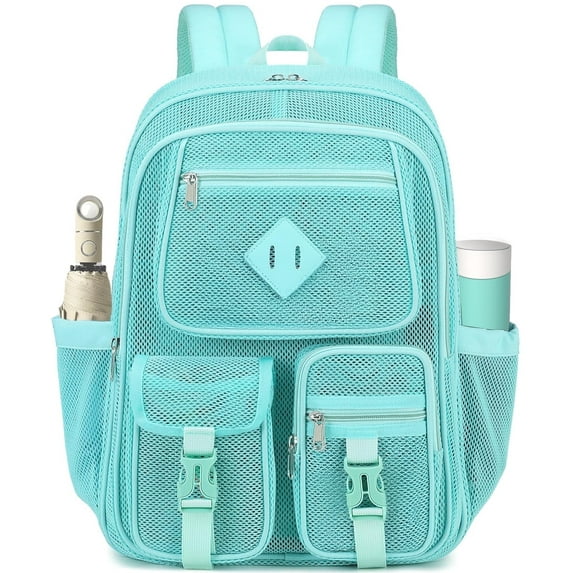 Dakimoe Mesh Backpack School Backpacks Large Capacity See Through Bookbag Stadium Approved with Multiple Compartments Pockets for School(Lake Green)