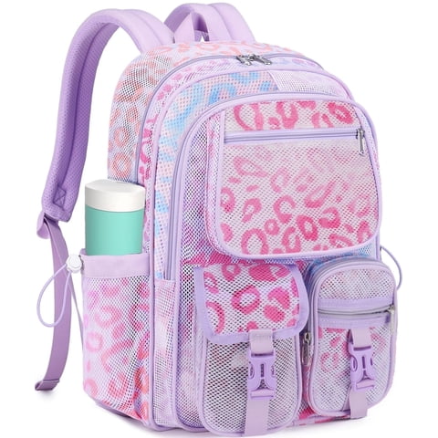 Dakimoe Mesh Backpack School Backpacks Large Capacity See Through Bookbag Stadium Approved with Multiple Compartments Pockets for School(Leopard Print Purple)