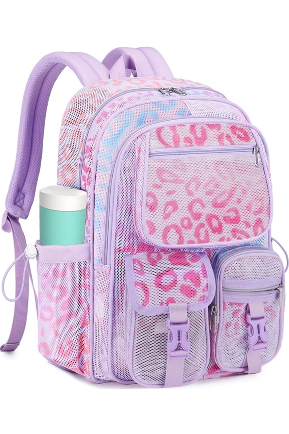 Mesh Backpack School Backpacks Large Capacity See Through Bookbag Stadium Approved with Multiple Compartments Pockets for School(Leopard Print Purple)
