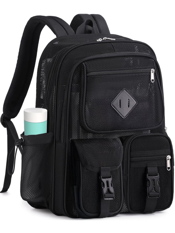 Mesh Backpack School Backpacks Large Capacity See Through Bookbag Stadium Approved with Multiple Compartments Pockets for School(Black)