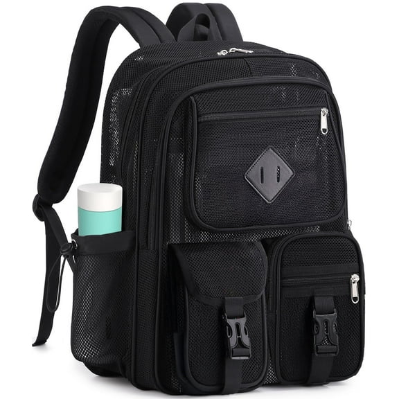 Dakimoe Mesh Backpack School Backpacks Large Capacity See Through Bookbag Stadium Approved with Multiple Compartments Pockets for School(Black)