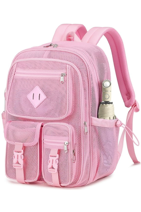 Mesh Backpack School Backpacks Large Capacity See Through Bookbag Stadium Approved with Multiple Compartments Pockets for School(Pink)