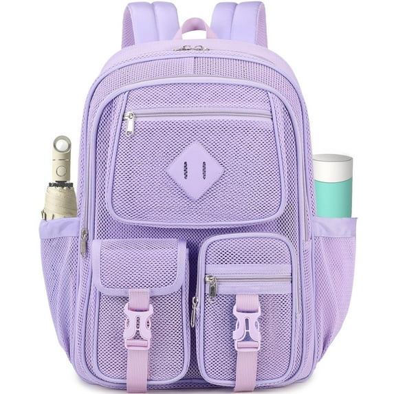 Dakimoe Mesh Backpack School Backpacks Large Capacity See Through Bookbag Stadium Approved with Multiple Compartments Pockets for School(Purple)