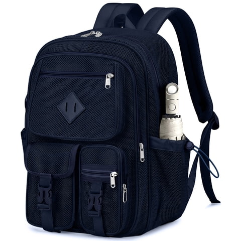 Dakimoe Mesh Backpack School Backpacks Large Capacity See Through Bookbag Stadium Approved with Multiple Compartments Pockets for School Beach Swimming Sports Work (Blue)