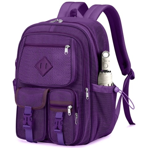 Mesh Backpack School Backpacks Large Capacity See Through Bookbag Stadium Approved with Multiple Compartments Pockets for School Beach Swimming Sports Work (Dark Purple)