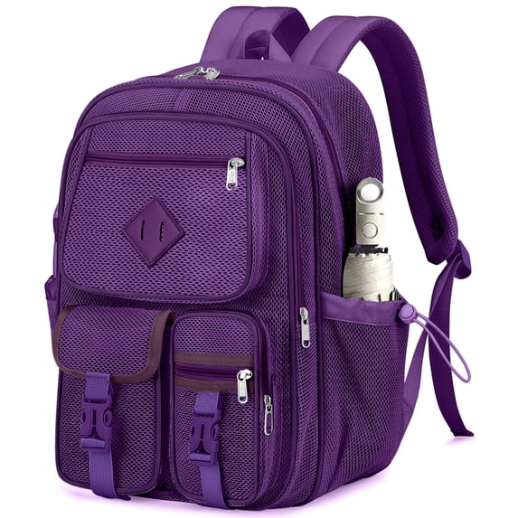 Dakimoe Mesh Backpack School Backpacks Large Capacity See Through Bookbag Stadium Approved with Multiple Compartments Pockets for School Beach Swimming Sports Work (Dark Purple)