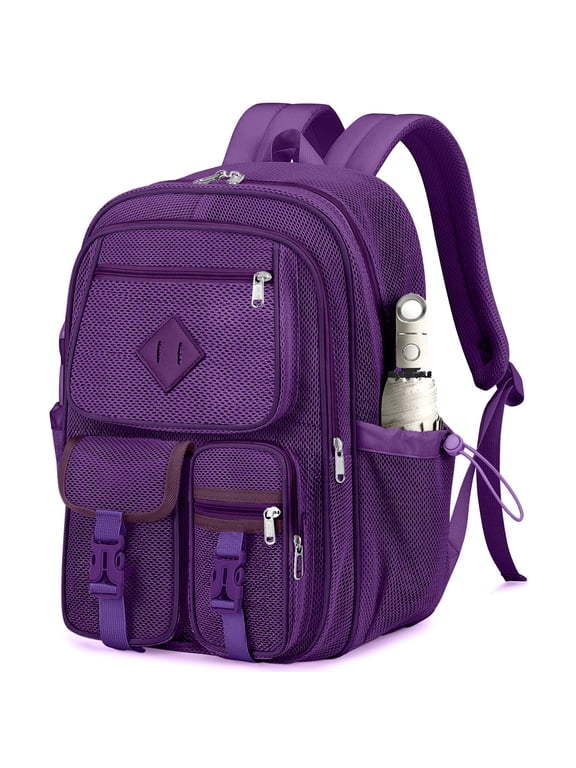 Mesh Backpack School Backpacks Large Capacity See Through Bookbag Stadium Approved with Multiple Compartments Pockets for School Beach Swimming Sports Work (Dark Purple)